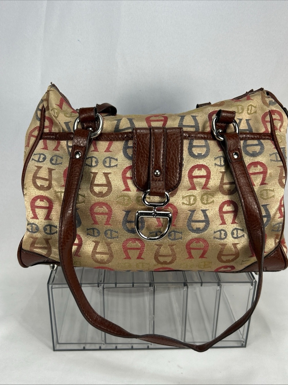 Etienne Aigner Canvas Tote with Brown Leather Trim in Tan Multi-Accent